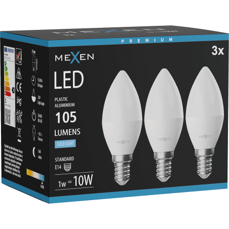 Mexen Nova 3x żarówka LED E14, C37, 1W, Zimna - 6500K, 105 lm - L102-E14-0165-01x03