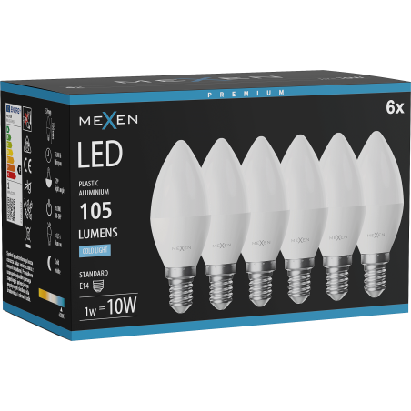 Mexen Nova 6x żarówka LED E14, C37, 1W, Zimna - 6500K, 105 lm - L102-E14-0165-01x06