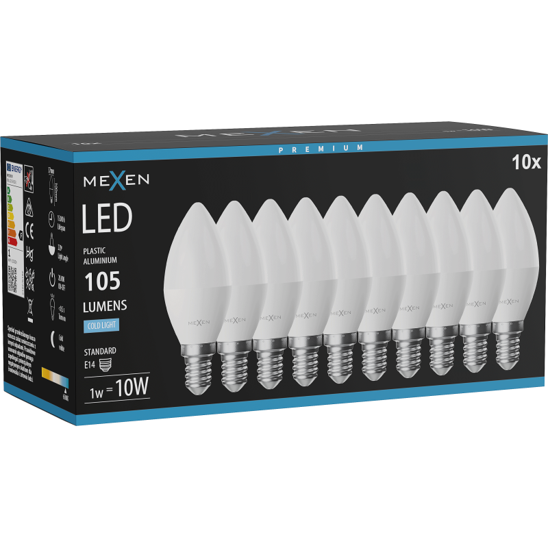 Mexen Nova 10x żarówka LED E14, C37, 1W, Zimna - 6500K, 105 lm - L102-E14-0165-01x10