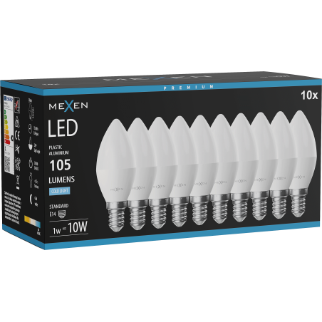 Mexen Nova 10x żarówka LED E14, C37, 1W, Zimna - 6500K, 105 lm - L102-E14-0165-01x10