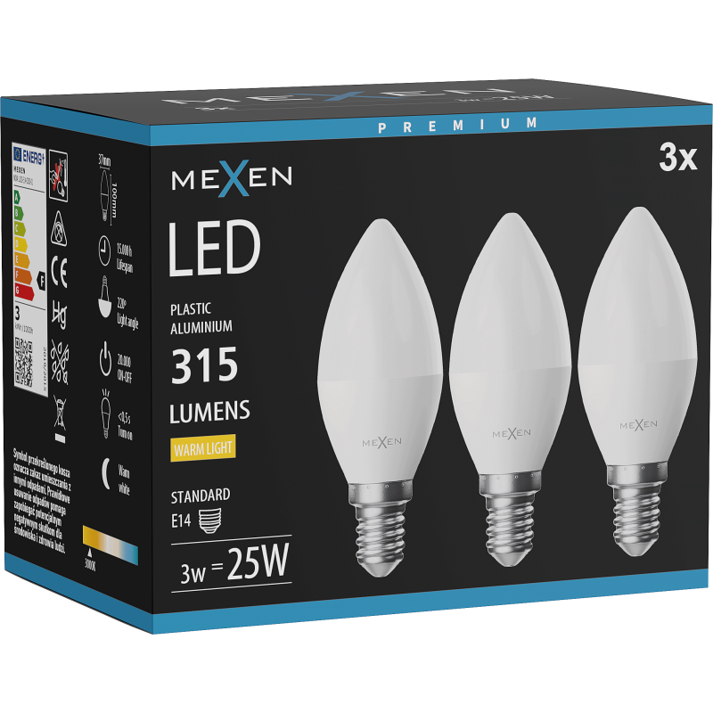 Mexen Nova 3x żarówka LED E14, C37, 3W, Ciepła - 3000K, 315 lm - L102-E14-0330-01x03