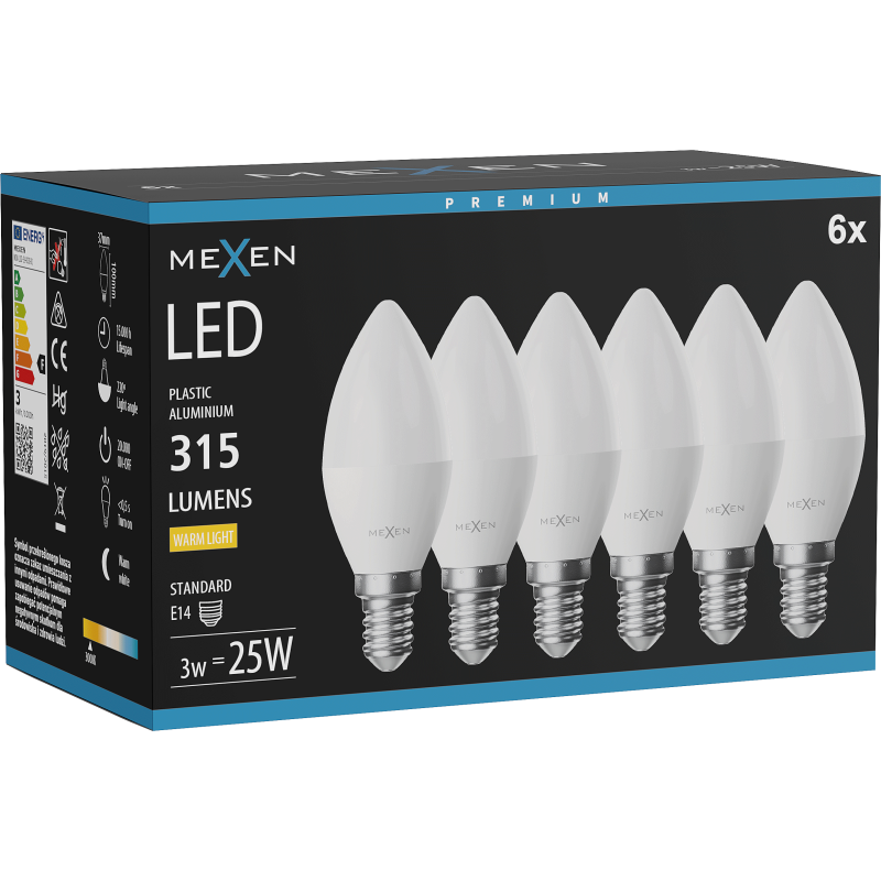 Mexen Nova 6x żarówka LED E14, C37, 3W, Ciepła - 3000K, 315 lm - L102-E14-0330-01x06