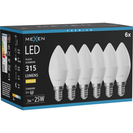 Mexen Nova 6x żarówka LED E14, C37, 3W, Ciepła - 3000K, 315 lm - L102-E14-0330-01x06