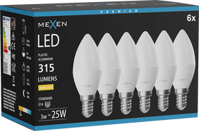 Mexen Nova 6x żarówka LED E14, C37, 3W, Ciepła - 3000K, 315 lm - L102-E14-0330-01x06