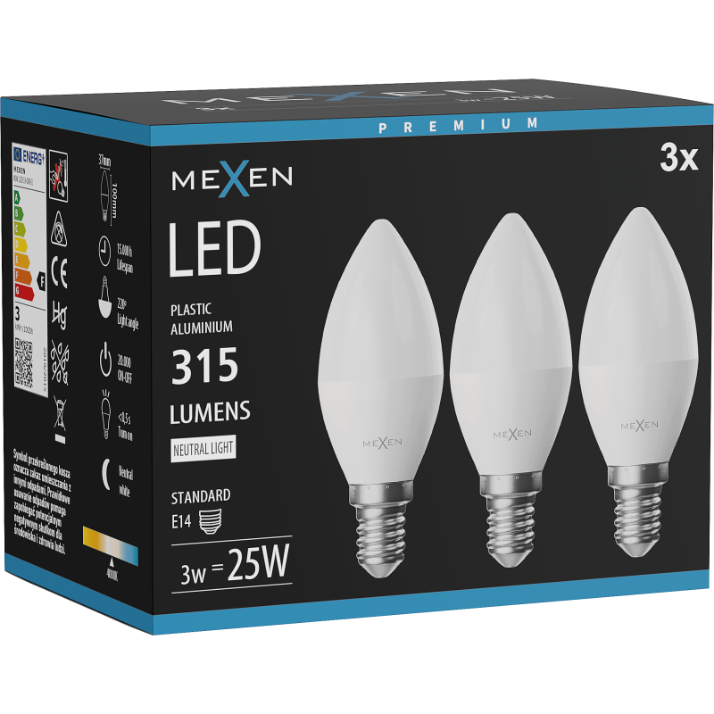 Mexen Nova 3x żarówka LED E14, C37, 3W, Neutralna - 4000K, 315 lm - L102-E14-0340-01x03