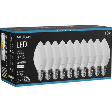 Mexen Nova 10x żarówka LED E14, C37, 3W, Neutralna - 4000K, 315 lm - L102-E14-0340-01x10