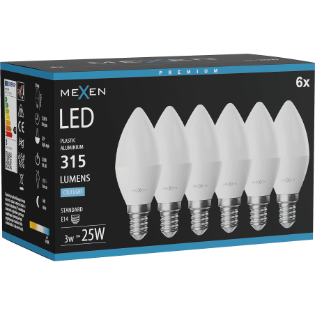 Mexen Nova 6x żarówka LED E14, C37, 3W, Zimna - 6500K, 315 lm - L102-E14-0365-01x06