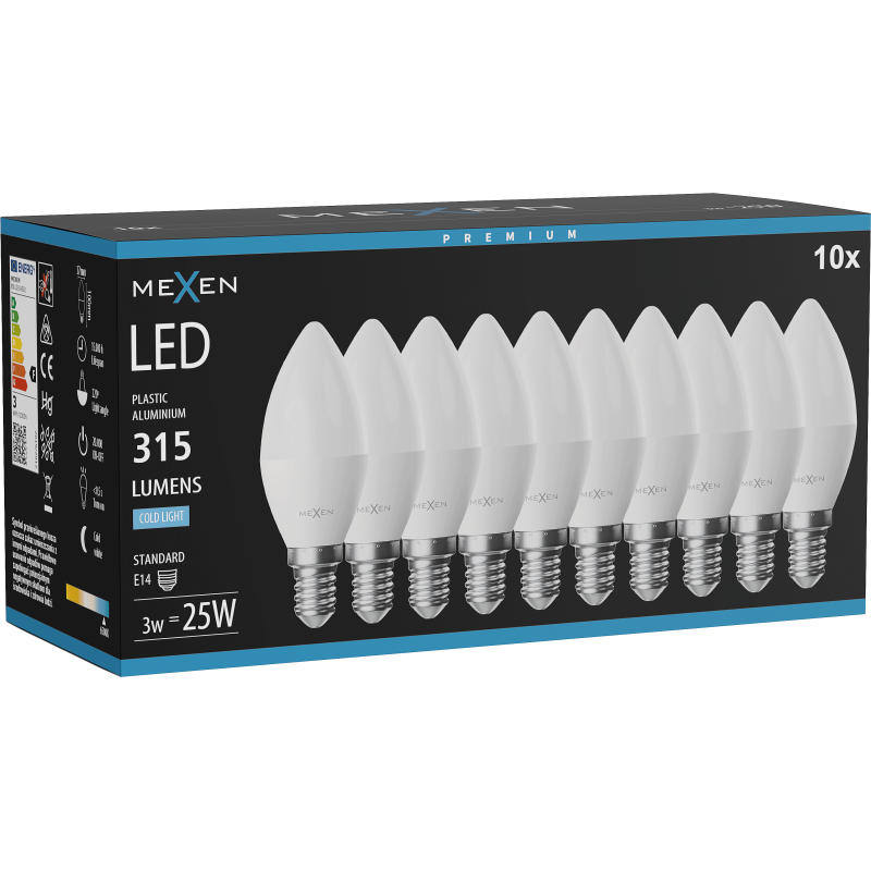 Mexen Nova 10x żarówka LED E14, C37, 3W, Zimna - 6500K, 315 lm - L102-E14-0365-01x10