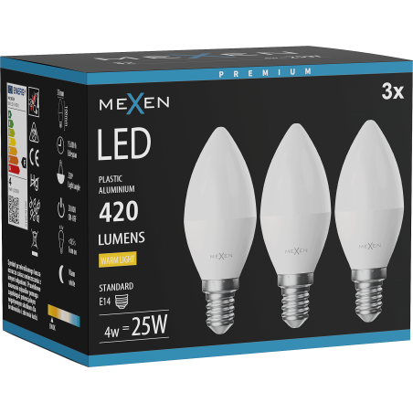 Mexen Nova 3x żarówka LED E14, C37, 4W, Ciepła - 3000K, 420 lm - L102-E14-0430-01x03