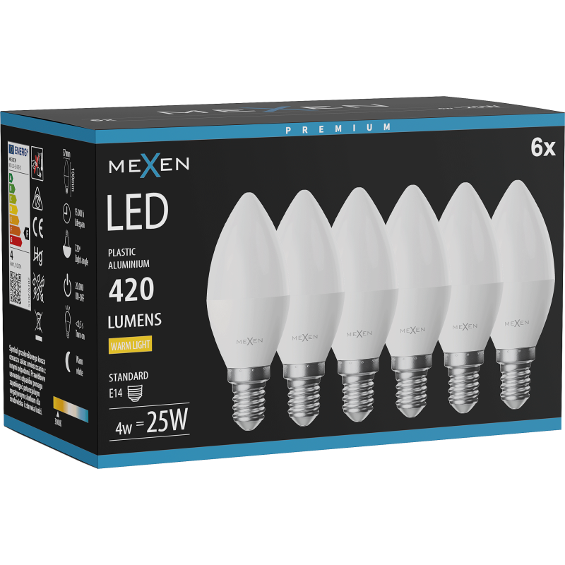 Mexen Nova 6x żarówka LED E14, C37, 4W, Ciepła - 3000K, 420 lm - L102-E14-0430-01x06