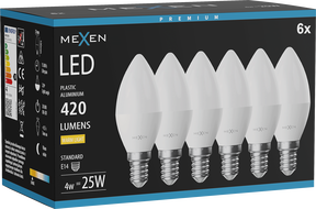 Mexen Nova 6x żarówka LED E14, C37, 4W, Ciepła - 3000K, 420 lm - L102-E14-0430-01x06