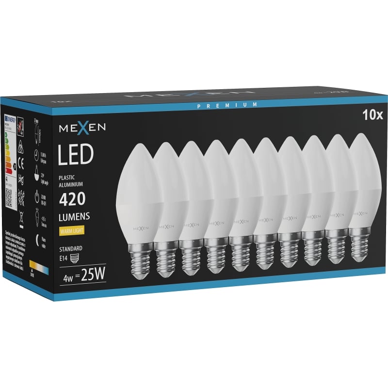 Mexen Nova 10x żarówka LED E14, C37, 4W, Ciepła - 3000K, 420 lm - L102-E14-0430-01x10