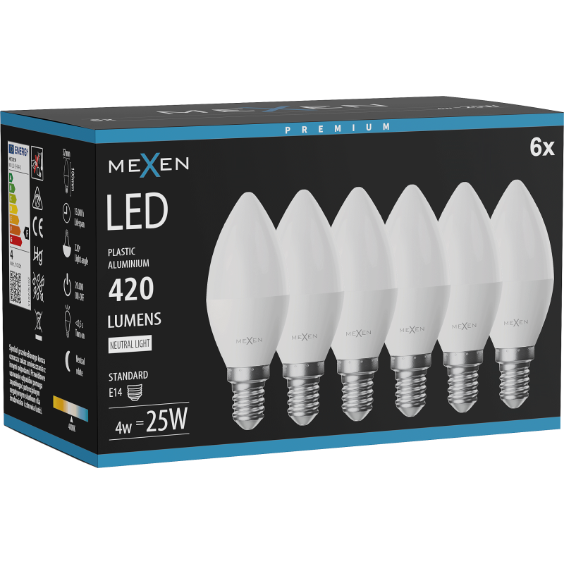Mexen Nova 6x żarówka LED E14, C37, 4W, Neutralna - 4000K, 420 lm - L102-E14-0440-01x06