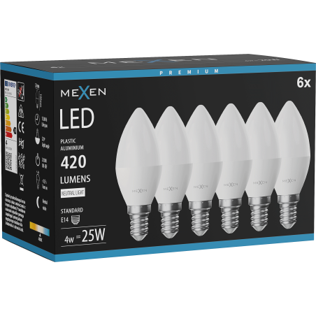 Mexen Nova 6x żarówka LED E14, C37, 4W, Neutralna - 4000K, 420 lm - L102-E14-0440-01x06