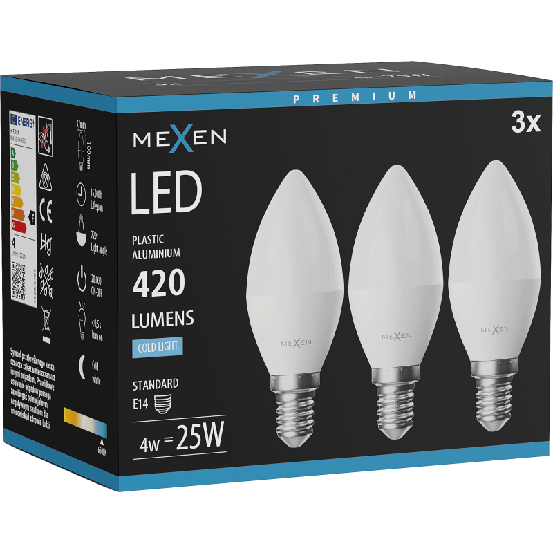 Mexen Nova 3x żarówka LED E14, C37, 4W, Zimna - 6500K, 420 lm - L102-E14-0465-01x03
