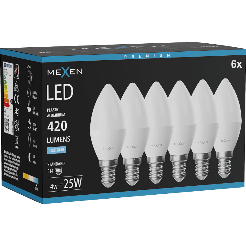 Mexen Nova 6x żarówka LED E14, C37, 4W, Zimna - 6500K, 420 lm - L102-E14-0465-01x06