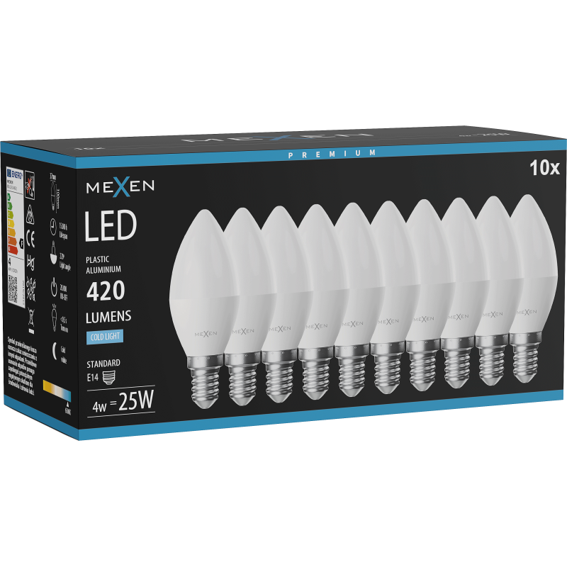 Mexen Nova 10x żarówka LED E14, C37, 4W, Zimna - 6500K, 420 lm - L102-E14-0465-01x10