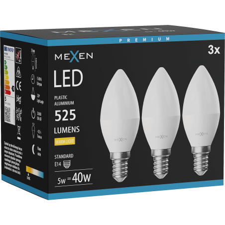 Mexen Nova 3x żarówka LED E14, C37, 5W, Ciepła - 3000K, 525 lm - L102-E14-0530-01x03