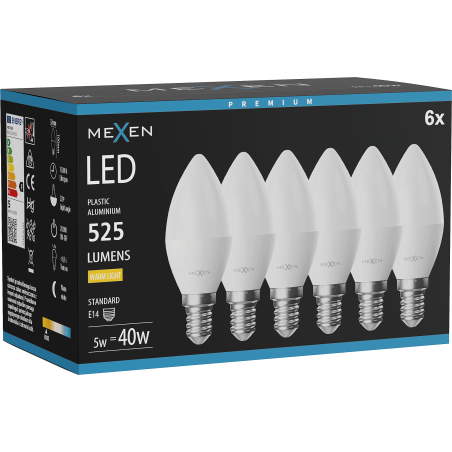 Mexen Nova 6x żarówka LED E14, C37, 5W, Ciepła - 3000K, 525 lm - L102-E14-0530-01x06