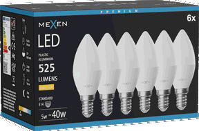 Mexen Nova 6x żarówka LED E14, C37, 5W, Ciepła - 3000K, 525 lm - L102-E14-0530-01x06