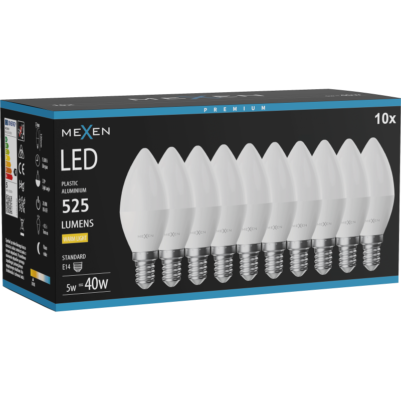 Mexen Nova 10x żarówka LED E14, C37, 5W, Ciepła - 3000K, 525 lm - L102-E14-0530-01x10