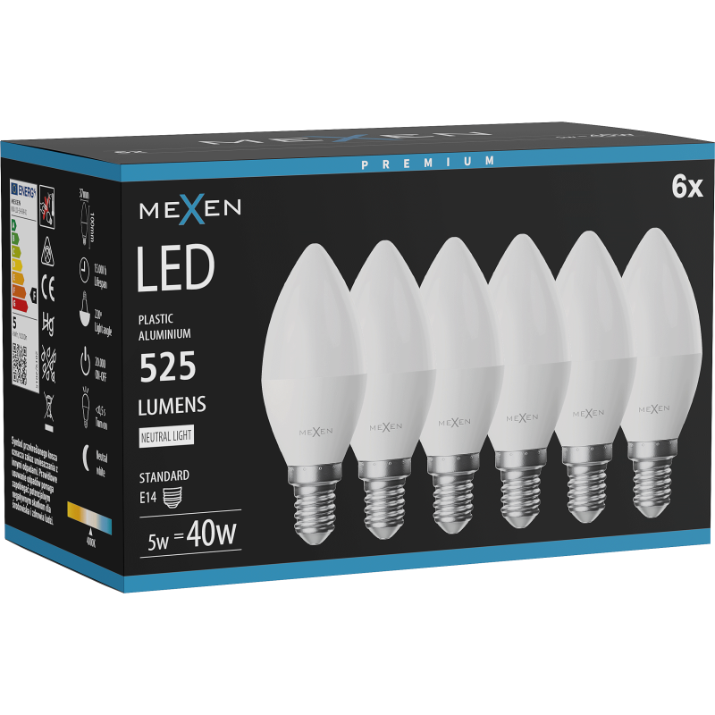 Mexen Nova 6x żarówka LED E14, C37, 5W, Neutralna - 4000K, 525 lm - L102-E14-0540-01x06