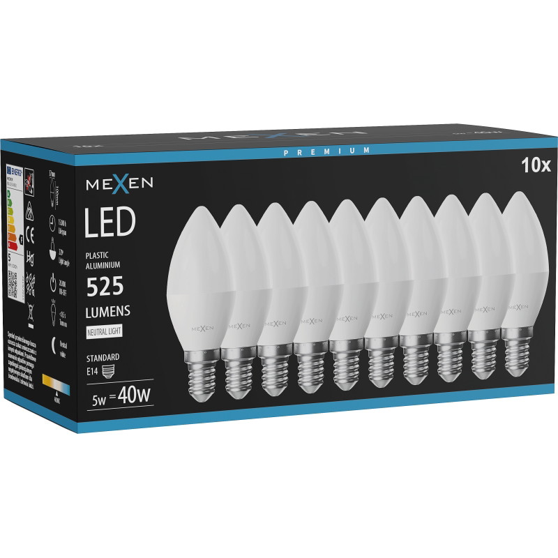 Mexen Nova 10x żarówka LED E14, C37, 5W, Neutralna - 4000K, 525 lm - L102-E14-0540-01x10