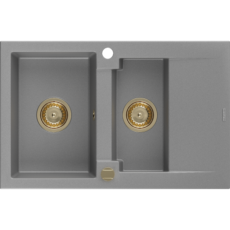Mexen Gaspar zlewozmywak granitowy 1,5-komorowy z ociekaczem 737 x 475 mm, szary, syfon złoty - 6507731505-71-G