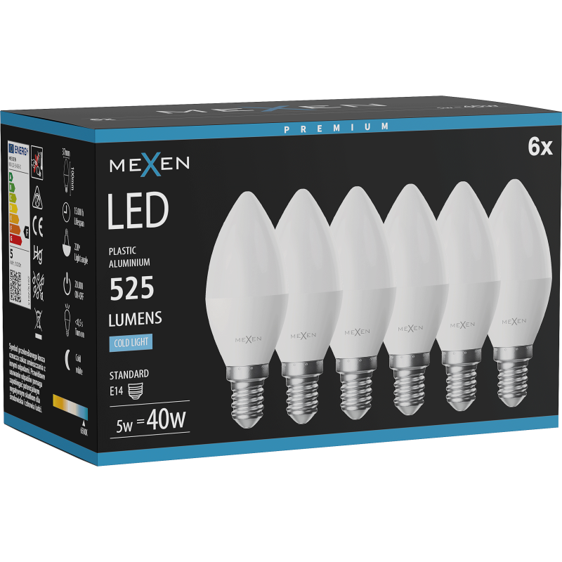 Mexen Nova 6x żarówka LED E14, C37, 5W, Zimna - 6500K, 525 lm - L102-E14-0565-01x06