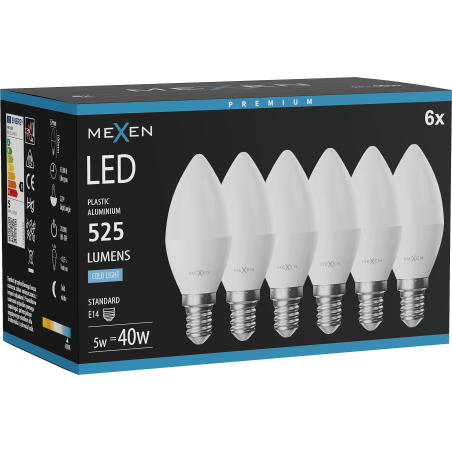 Mexen Nova 6x żarówka LED E14, C37, 5W, Zimna - 6500K, 525 lm - L102-E14-0565-01x06