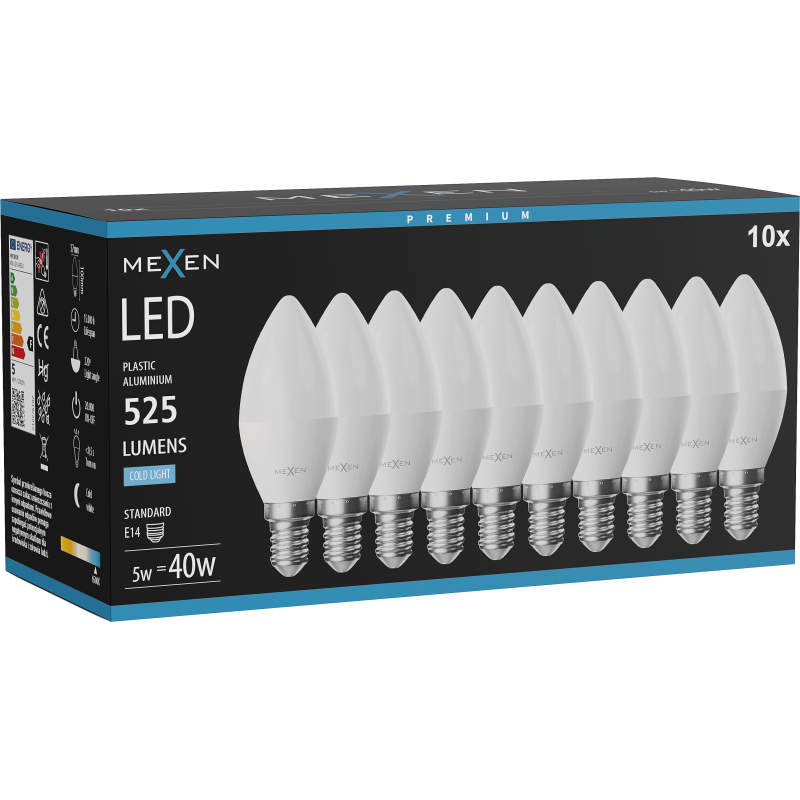 Mexen Nova 10x żarówka LED E14, C37, 5W, Zimna - 6500K, 525 lm - L102-E14-0565-01x10