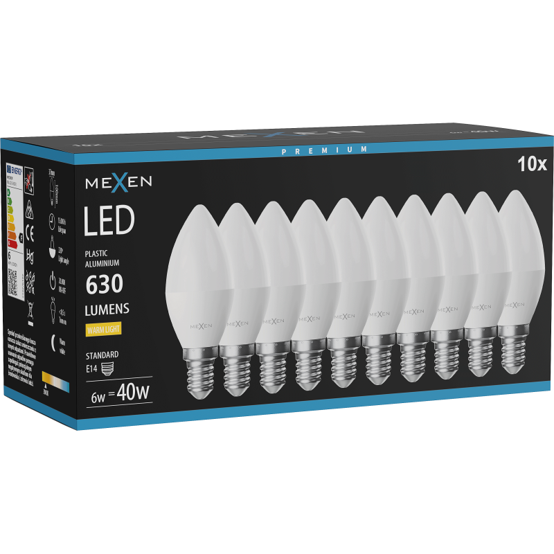 Mexen Nova 10x żarówka LED E14, C37, 6W, Ciepła - 3000K, 630 lm - L102-E14-0630-01x10