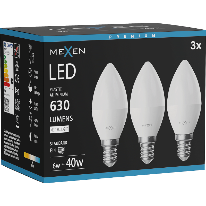 Mexen Nova 3x żarówka LED E14, C37, 6W, Neutralna - 4000K, 630 lm - L102-E14-0640-01x03