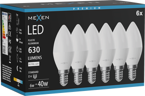 Mexen Nova 6x żarówka LED E14, C37, 6W, Neutralna - 4000K, 630 lm - L102-E14-0640-01x06