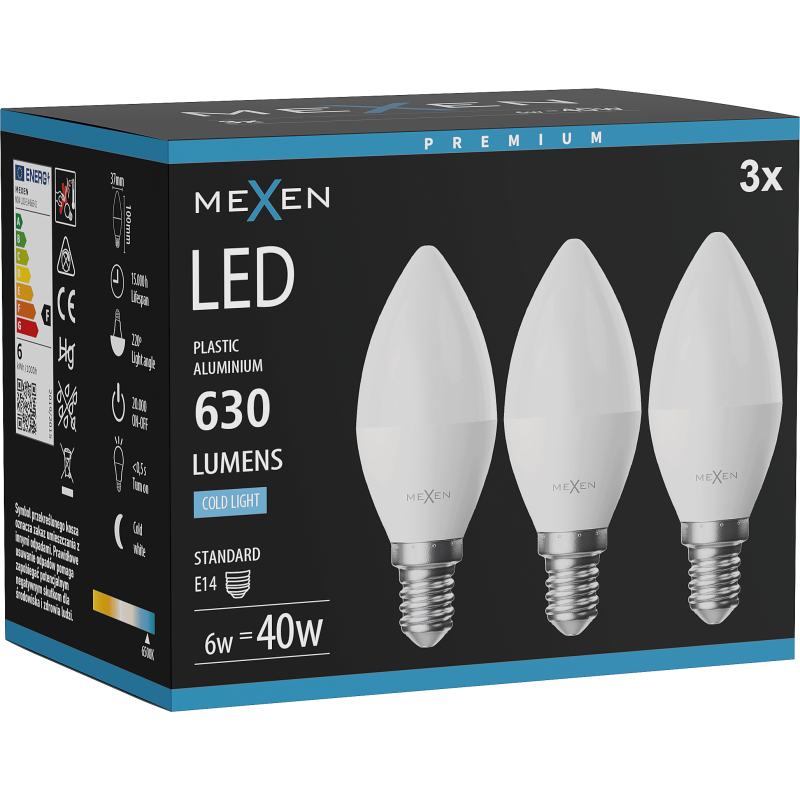 Mexen Nova 3x żarówka LED E14, C37, 6W, Zimna  - 6500K, 630 lm - L102-E14-0665-01x03