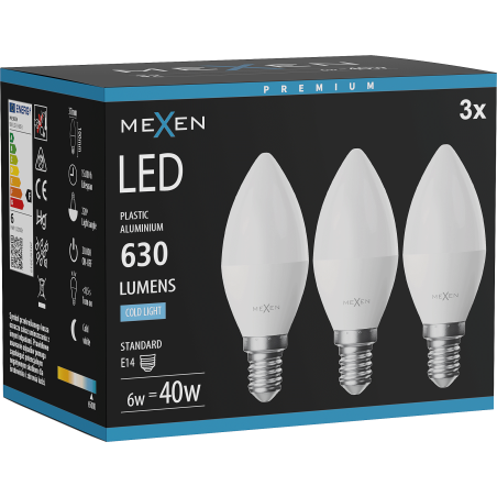 Mexen Nova 3x żarówka LED E14, C37, 6W, Zimna  - 6500K, 630 lm - L102-E14-0665-01x03