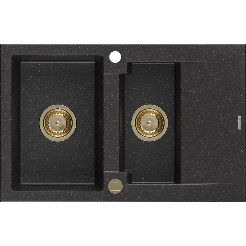 Mexen Gaspar zlewozmywak granitowy 1,5-komorowy z ociekaczem 737 x 475 mm, czarny/srebrny metalik, syfon złoty - 6507731505-73-G