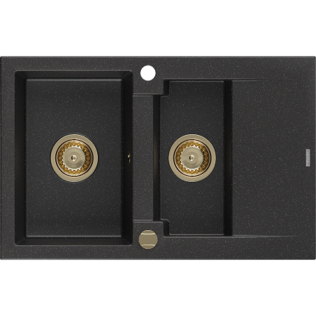 Mexen Gaspar zlewozmywak granitowy 1,5-komorowy z ociekaczem 737 x 475 mm, czarny/srebrny metalik, syfon złoty - 6507731505-73-G