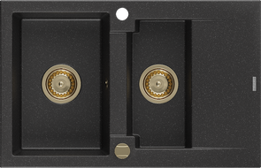 Mexen Gaspar zlewozmywak granitowy 1,5-komorowy z ociekaczem 737 x 475 mm, czarny/srebrny metalik, syfon złoty - 6507731505-73-G