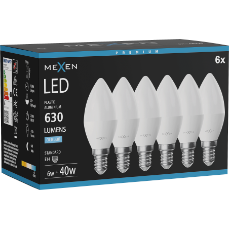 Mexen Nova 6x żarówka LED E14, C37, 6W, Zimna  - 6500K, 630 lm - L102-E14-0665-01x06