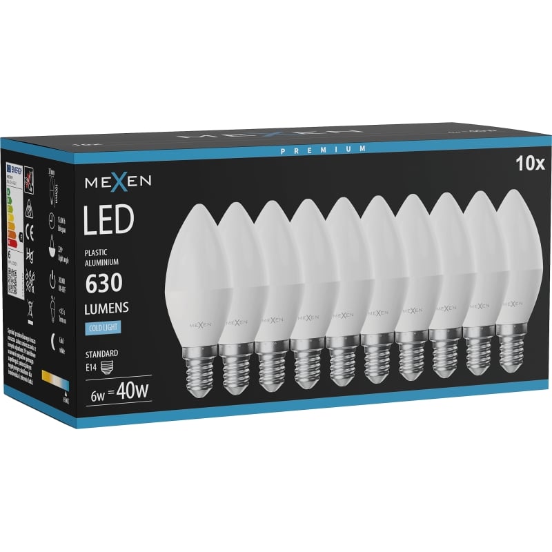 Mexen Nova 10x żarówka LED E14, C37, 6W, Zimna  - 6500K, 630 lm - L102-E14-0665-01x10