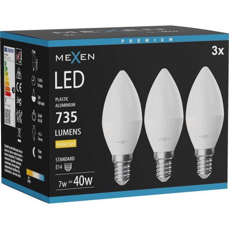 Mexen Nova 3x żarówka LED E14, C37, 7W, Ciepła - 3000K, 735 lm - L102-E14-0730-01x03