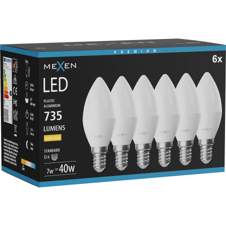 Mexen Nova 6x żarówka LED E14, C37, 7W, Ciepła - 3000K, 735 lm - L102-E14-0730-01x06