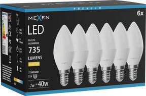 Mexen Nova 6x żarówka LED E14, C37, 7W, Ciepła - 3000K, 735 lm - L102-E14-0730-01x06