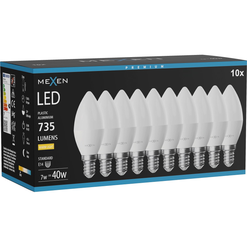 Mexen Nova 10x żarówka LED E14, C37, 7W, Ciepła - 3000K, 735 lm - L102-E14-0730-01x10