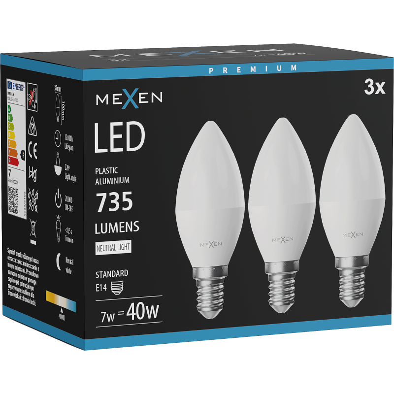 Mexen Nova 3x żarówka LED E14, C37, 7W, Neutralna - 4000K, 735 lm - L102-E14-0740-01x03