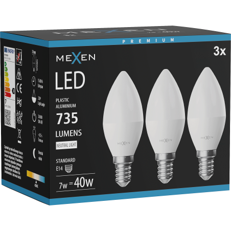 Mexen Nova 3x żarówka LED E14, C37, 7W, Neutralna - 4000K, 735 lm - L102-E14-0740-01x03