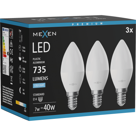 Mexen Nova 3x żarówka LED E14, C37, 7W, Zimna - 6500K, 735 lm - L102-E14-0765-01x03