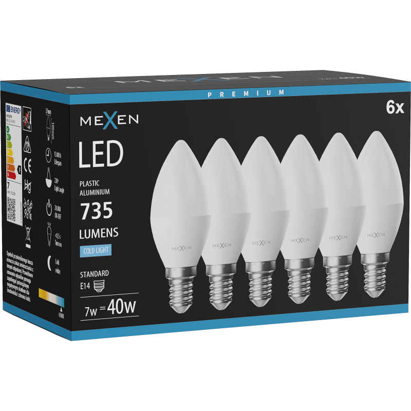 Mexen Nova 6x żarówka LED E14, C37, 7W, Zimna - 6500K, 735 lm - L102-E14-0765-01x06