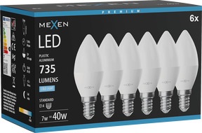 Mexen Nova 6x żarówka LED E14, C37, 7W, Zimna - 6500K, 735 lm - L102-E14-0765-01x06